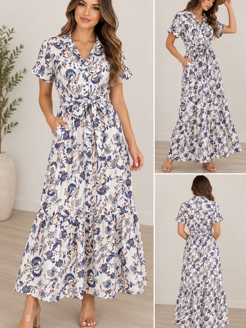 Sugarlips White Maxi Dress with Blue & Tan Floral Print - Picture 2 of 6